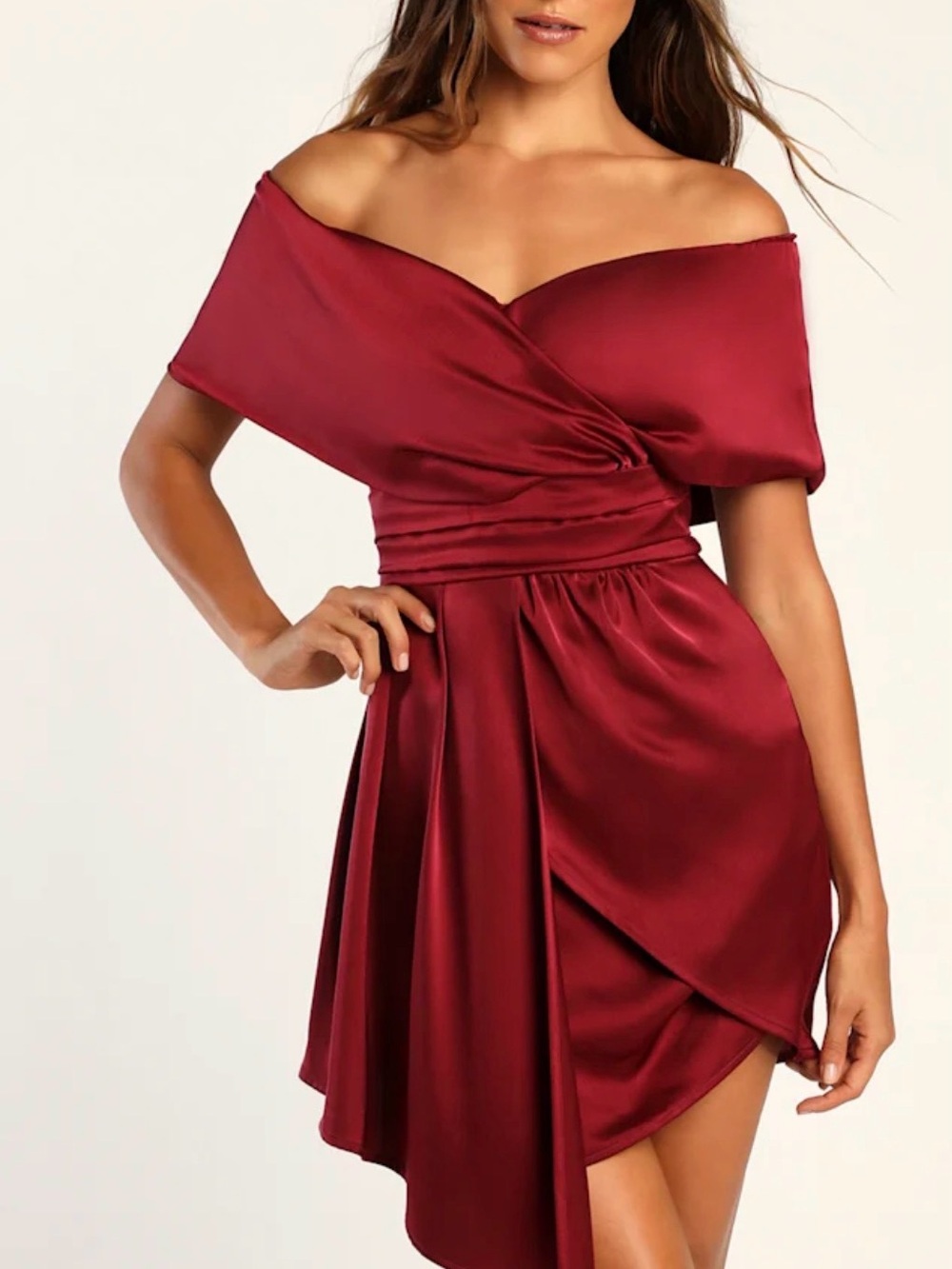 Always Celebrating Burgundy Satin Off-the-Shoulder Mini Dress